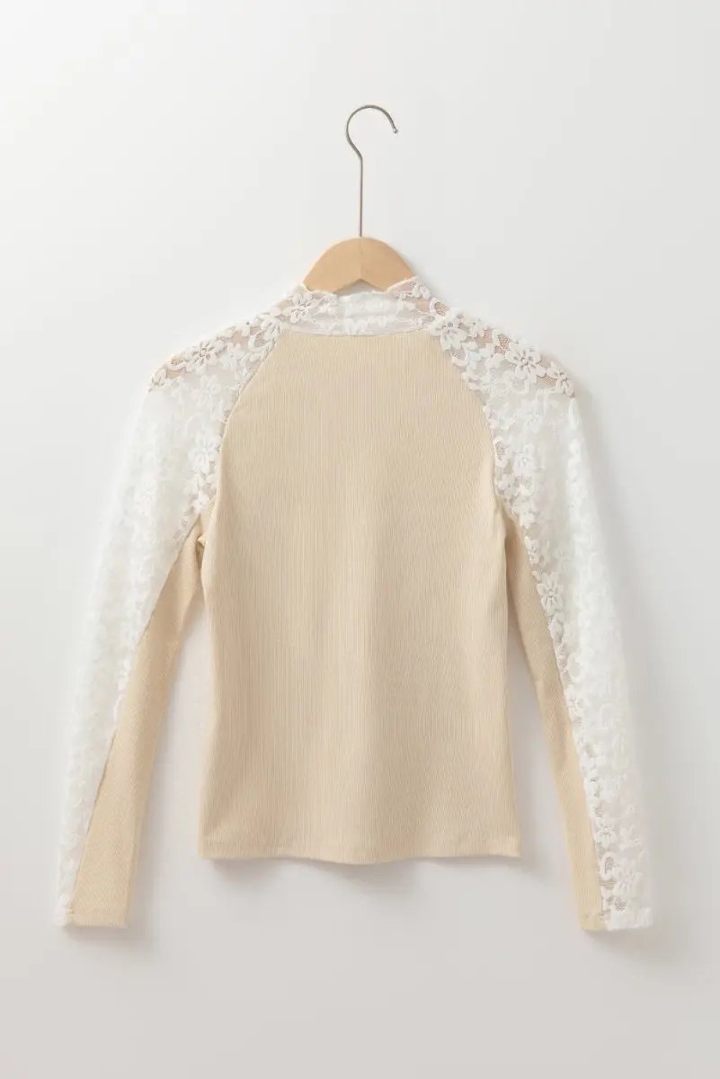 Beige Floral Lace Patchwork Long Sleeve High Neck Slim Top - Love Salve